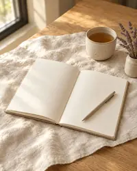 An open blank journal and pencil on a linen throw