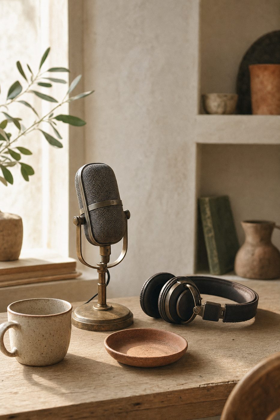 A vintage microphone and headphones on a wooden desk