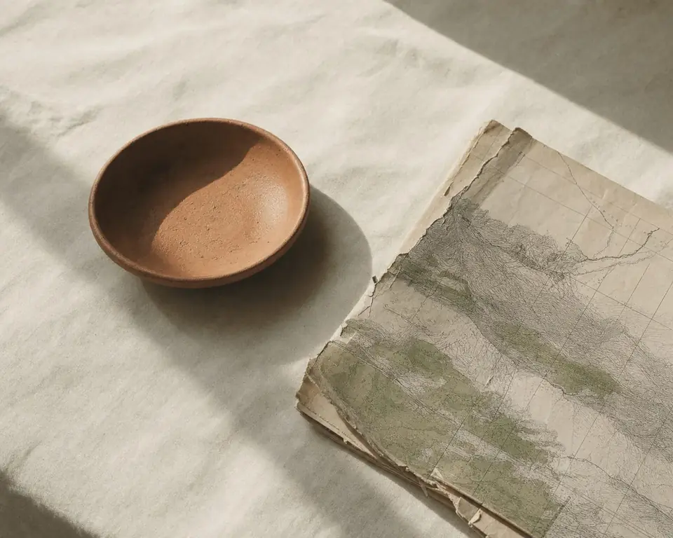 A torn folded paper map and a terracotta clay dish on cream linen in morning light