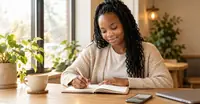 A woman writing at a bright windowside table