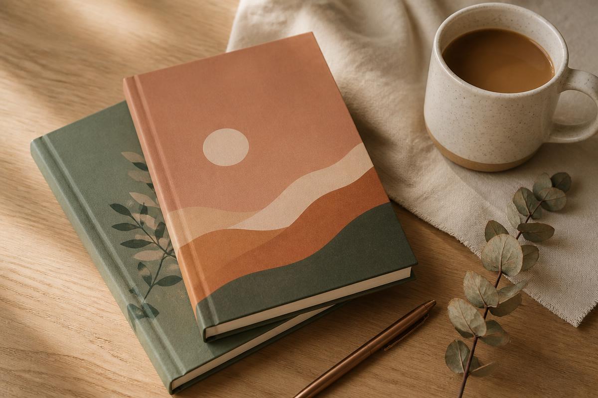 Two guided journals stacked on a pale oak table beside a speckled mug of coffee and a sprig of eucalyptus